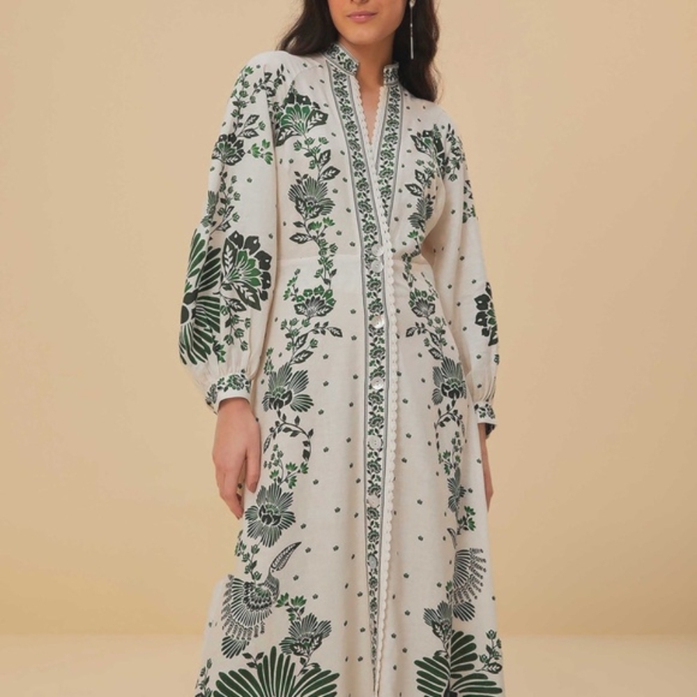 FARM Rio Cream and Green Botanical Long Sleeve Dress Button up New XL